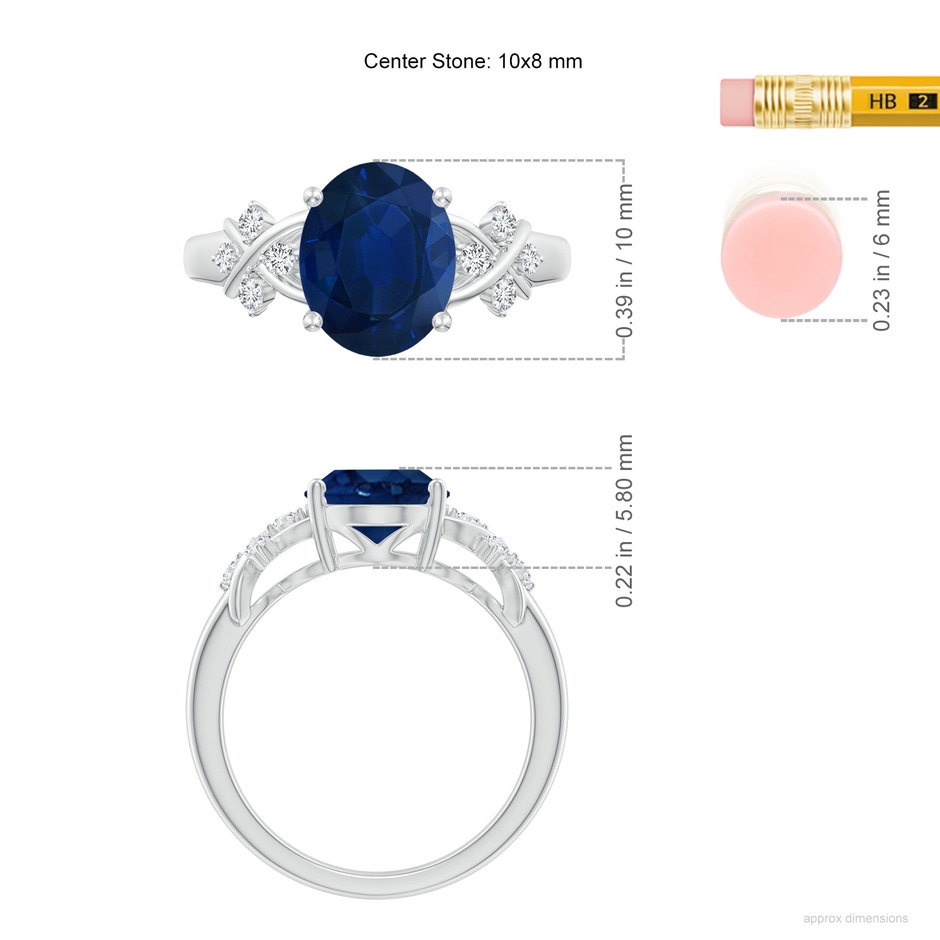 10x8mm AA Solitaire Oval Blue Sapphire Criss Cross Ring with Diamonds in P950 Platinum ruler