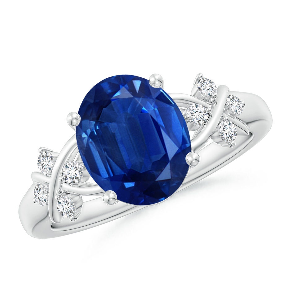 10x8mm AAA Solitaire Oval Blue Sapphire Criss Cross Ring with Diamonds in P950 Platinum 