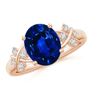 10x8mm AAAA Solitaire Oval Blue Sapphire Criss Cross Ring with Diamonds in 10K Rose Gold