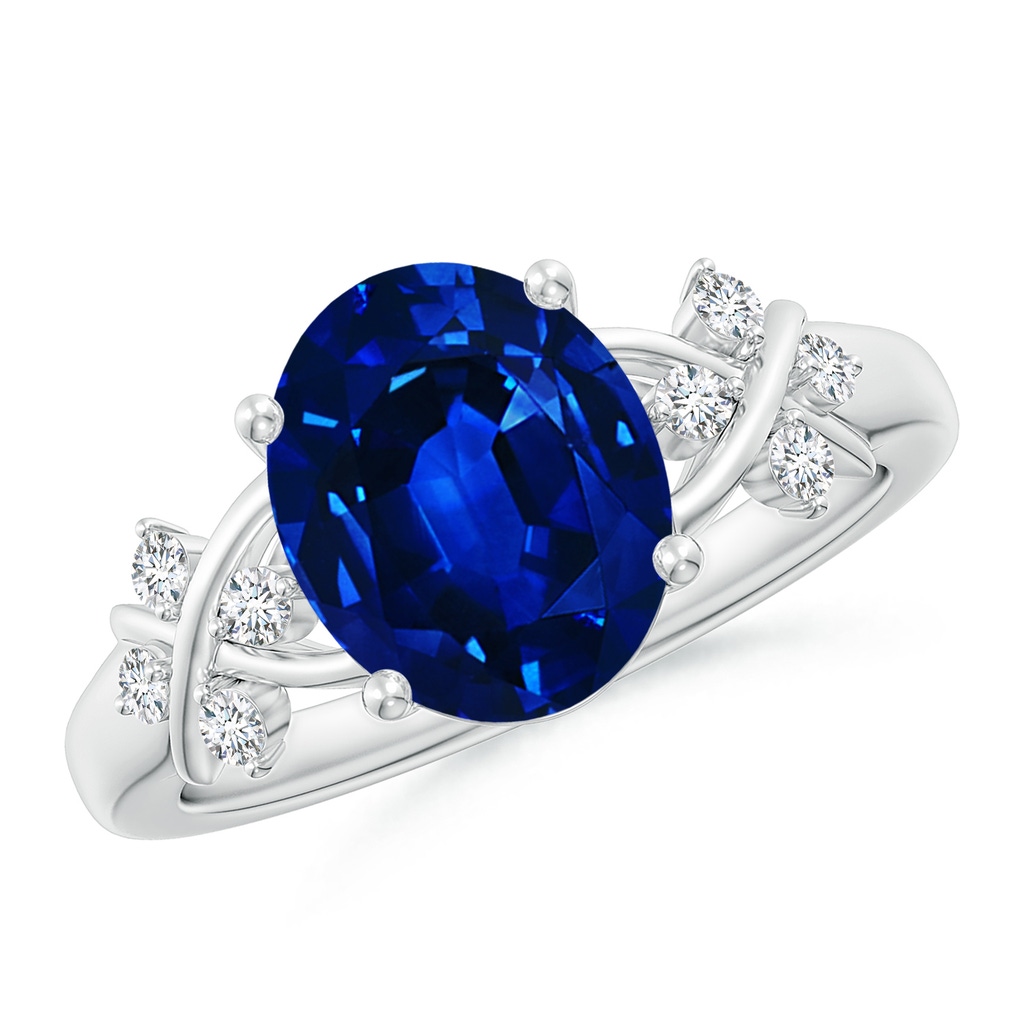 10x8mm AAAA Solitaire Oval Blue Sapphire Criss Cross Ring with Diamonds in P950 Platinum