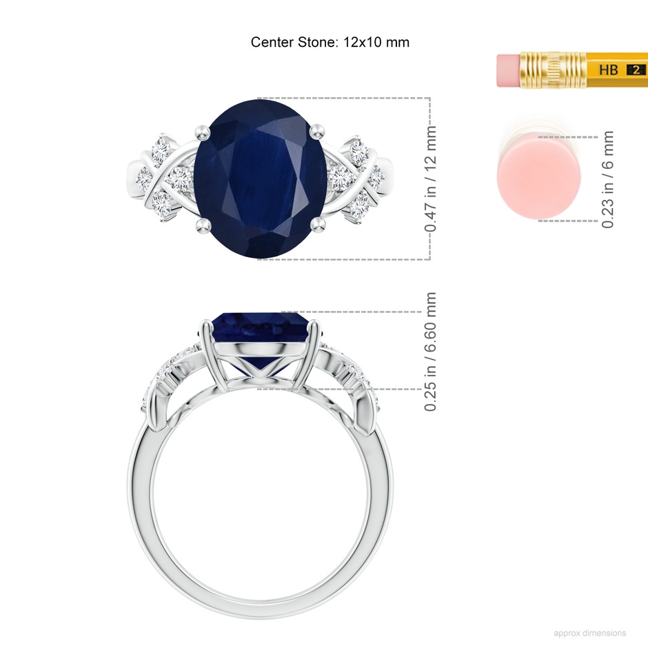 12x10mm A Solitaire Oval Blue Sapphire Criss Cross Ring with Diamonds in P950 Platinum ruler