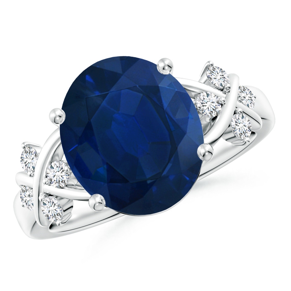 12x10mm AA Solitaire Oval Blue Sapphire Criss Cross Ring with Diamonds in P950 Platinum 