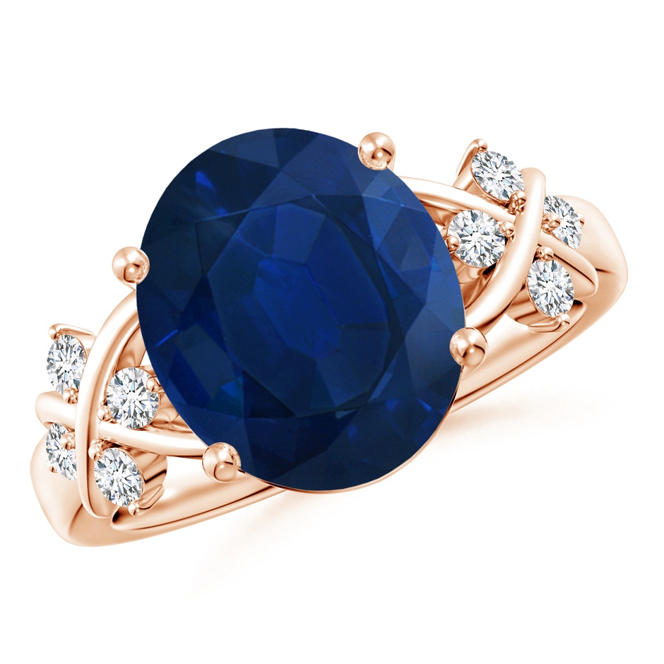 12x10mm AA Solitaire Oval Blue Sapphire Criss Cross Ring with Diamonds in Rose Gold 