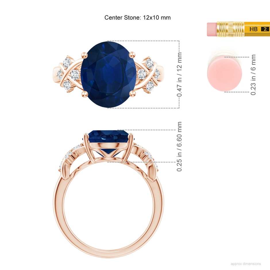 12x10mm AA Solitaire Oval Blue Sapphire Criss Cross Ring with Diamonds in Rose Gold ruler
