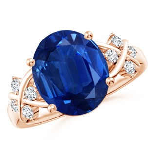 12x10mm AAA Solitaire Oval Blue Sapphire Criss Cross Ring with Diamonds in 9K Rose Gold