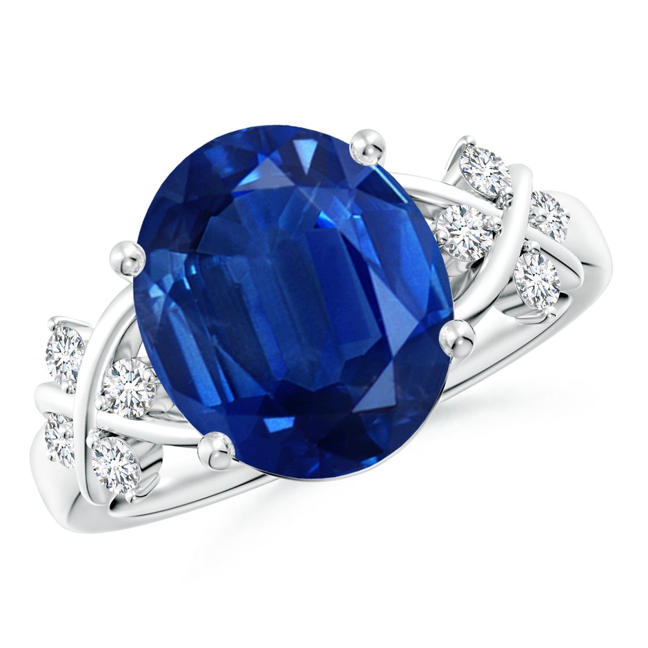 12x10mm AAA Solitaire Oval Blue Sapphire Criss Cross Ring with Diamonds in P950 Platinum 
