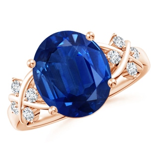 12x10mm AAA Solitaire Oval Blue Sapphire Criss Cross Ring with Diamonds in Rose Gold