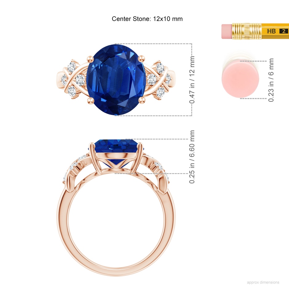 12x10mm AAA Solitaire Oval Blue Sapphire Criss Cross Ring with Diamonds in Rose Gold ruler