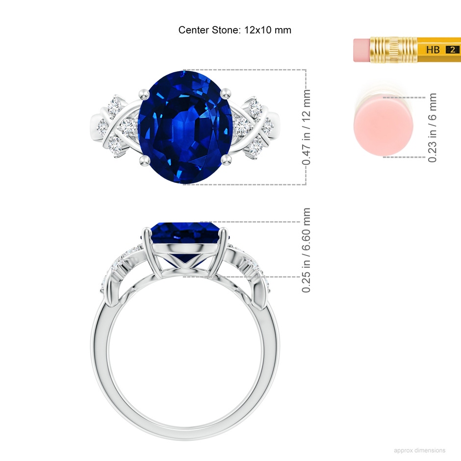 12x10mm Lab-Grown Solitaire Oval Blue Sapphire Criss Cross Ring with Diamonds in White Gold ruler