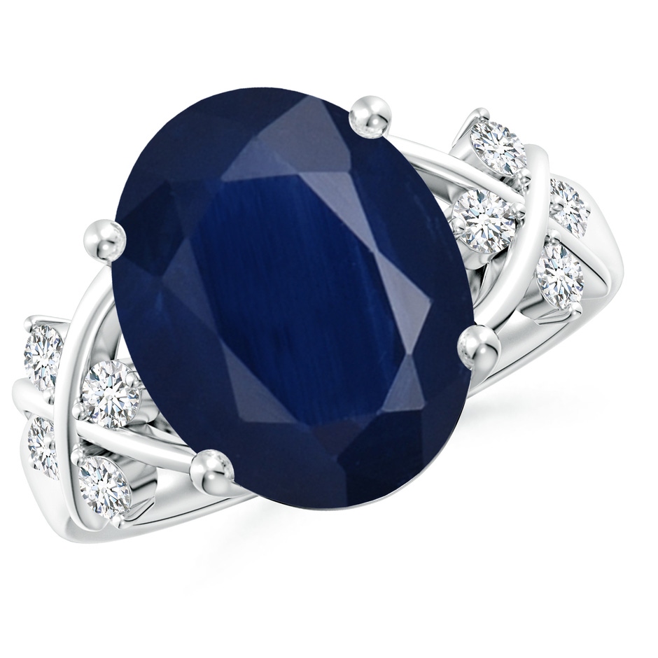 14x10mm A Solitaire Oval Blue Sapphire Criss Cross Ring with Diamonds in P950 Platinum 