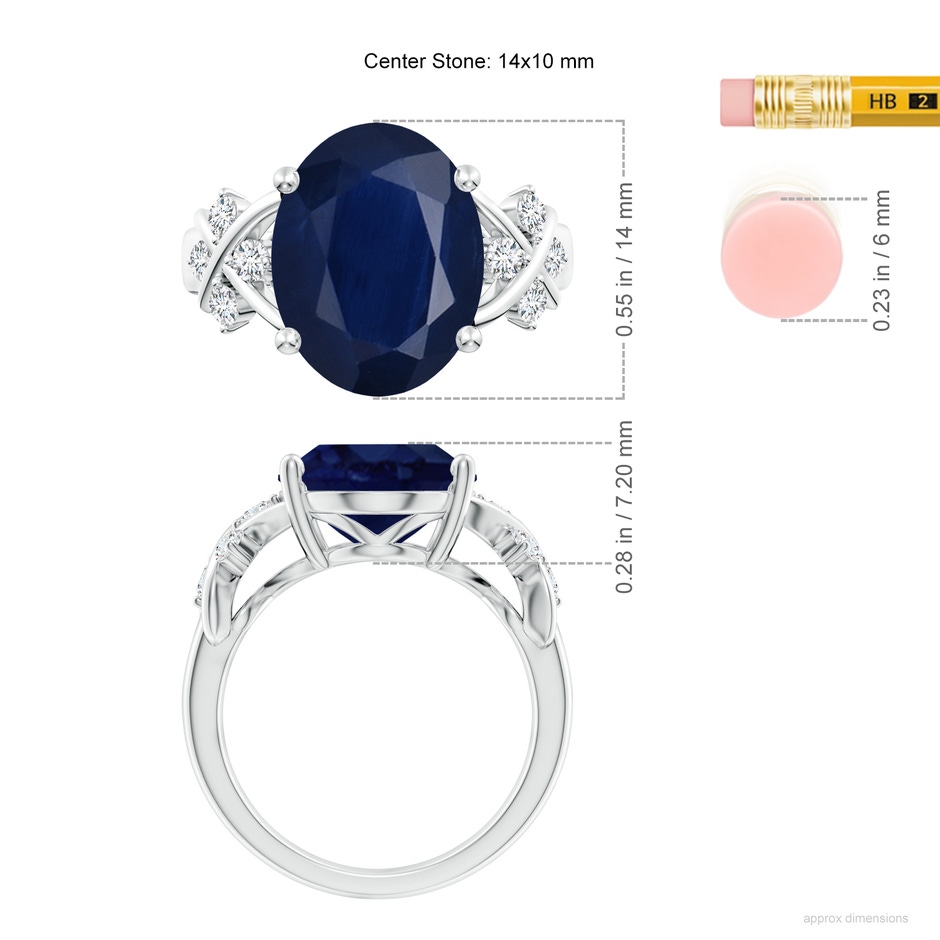 14x10mm A Solitaire Oval Blue Sapphire Criss Cross Ring with Diamonds in P950 Platinum ruler