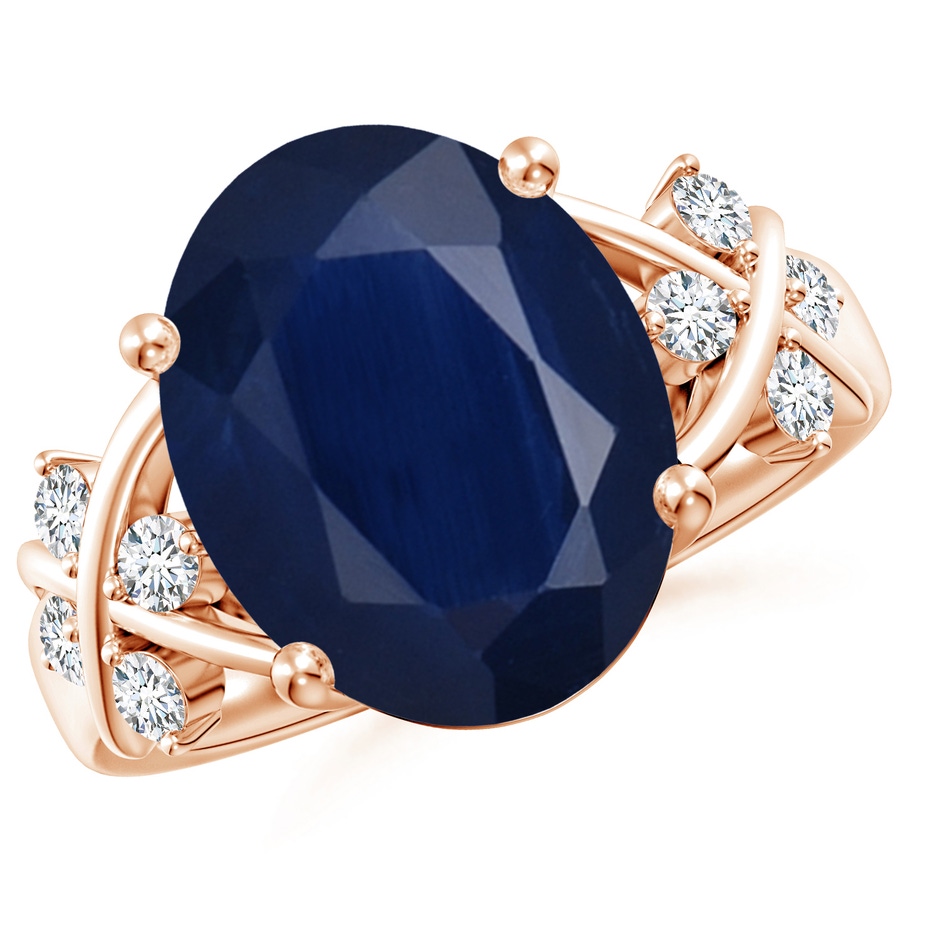 14x10mm A Solitaire Oval Blue Sapphire Criss Cross Ring with Diamonds in Rose Gold 