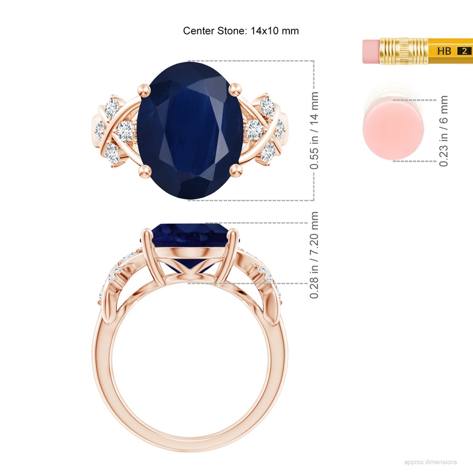 14x10mm A Solitaire Oval Blue Sapphire Criss Cross Ring with Diamonds in Rose Gold ruler