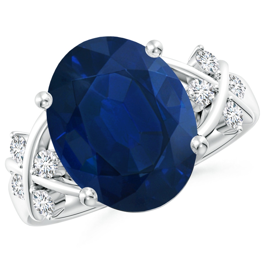 14x10mm AA Solitaire Oval Blue Sapphire Criss Cross Ring with Diamonds in P950 Platinum 