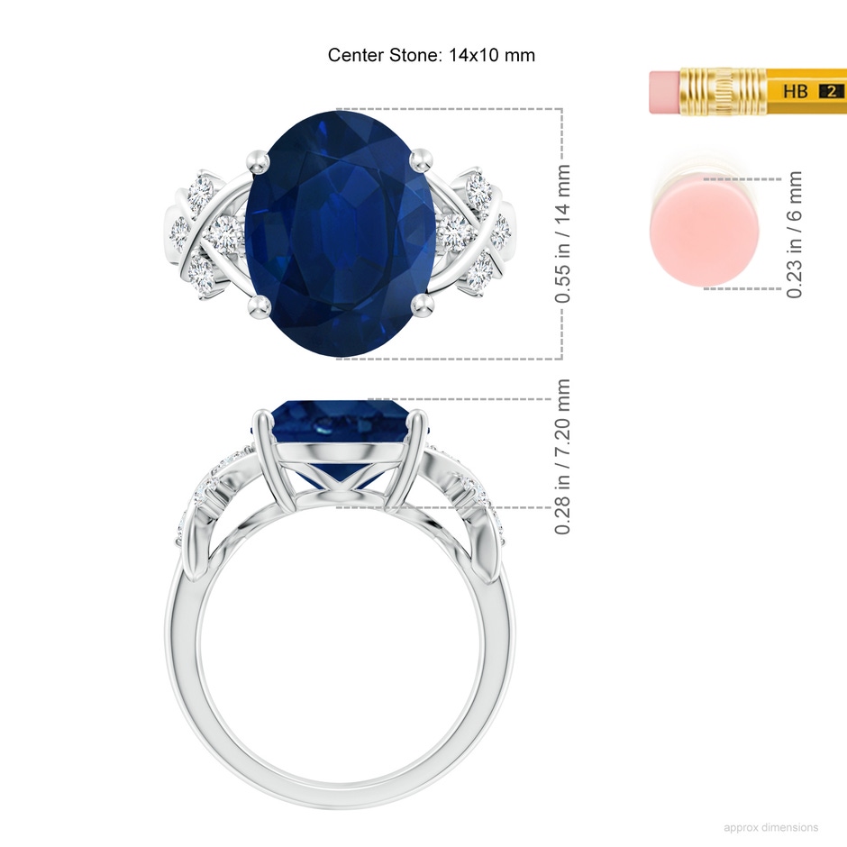 14x10mm AA Solitaire Oval Blue Sapphire Criss Cross Ring with Diamonds in P950 Platinum ruler