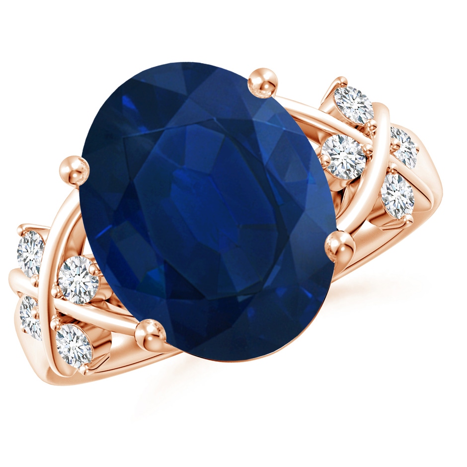 14x10mm AA Solitaire Oval Blue Sapphire Criss Cross Ring with Diamonds in Rose Gold 