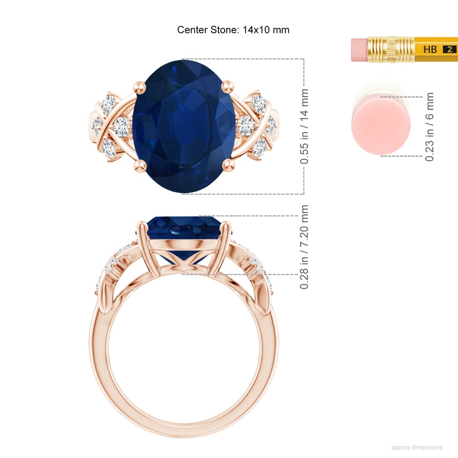 14x10mm AA Solitaire Oval Blue Sapphire Criss Cross Ring with Diamonds in Rose Gold ruler