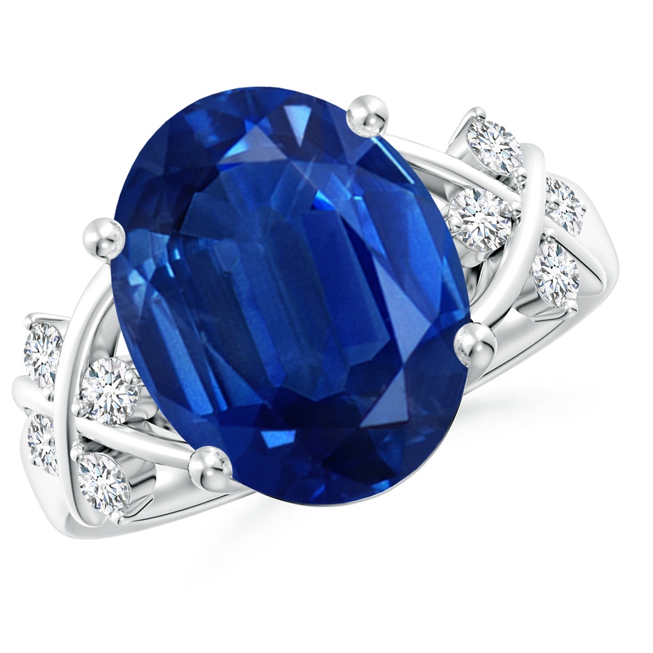 14x10mm AAA Solitaire Oval Blue Sapphire Criss Cross Ring with Diamonds in P950 Platinum 