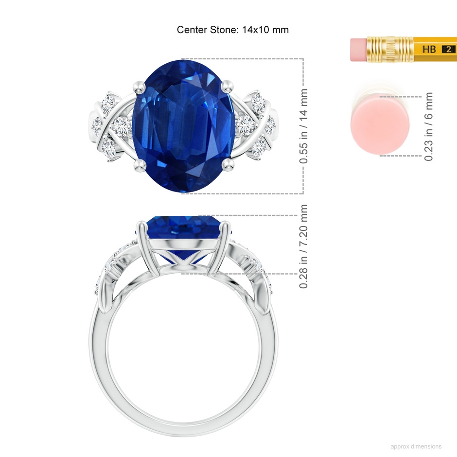 14x10mm AAA Solitaire Oval Blue Sapphire Criss Cross Ring with Diamonds in P950 Platinum ruler