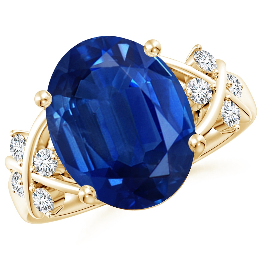 14x10mm AAA Solitaire Oval Blue Sapphire Criss Cross Ring with Diamonds in Yellow Gold 