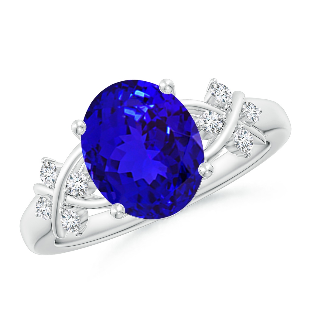 10x8mm AAAA Solitaire Oval Tanzanite Criss Cross Ring with Diamonds in P950 Platinum