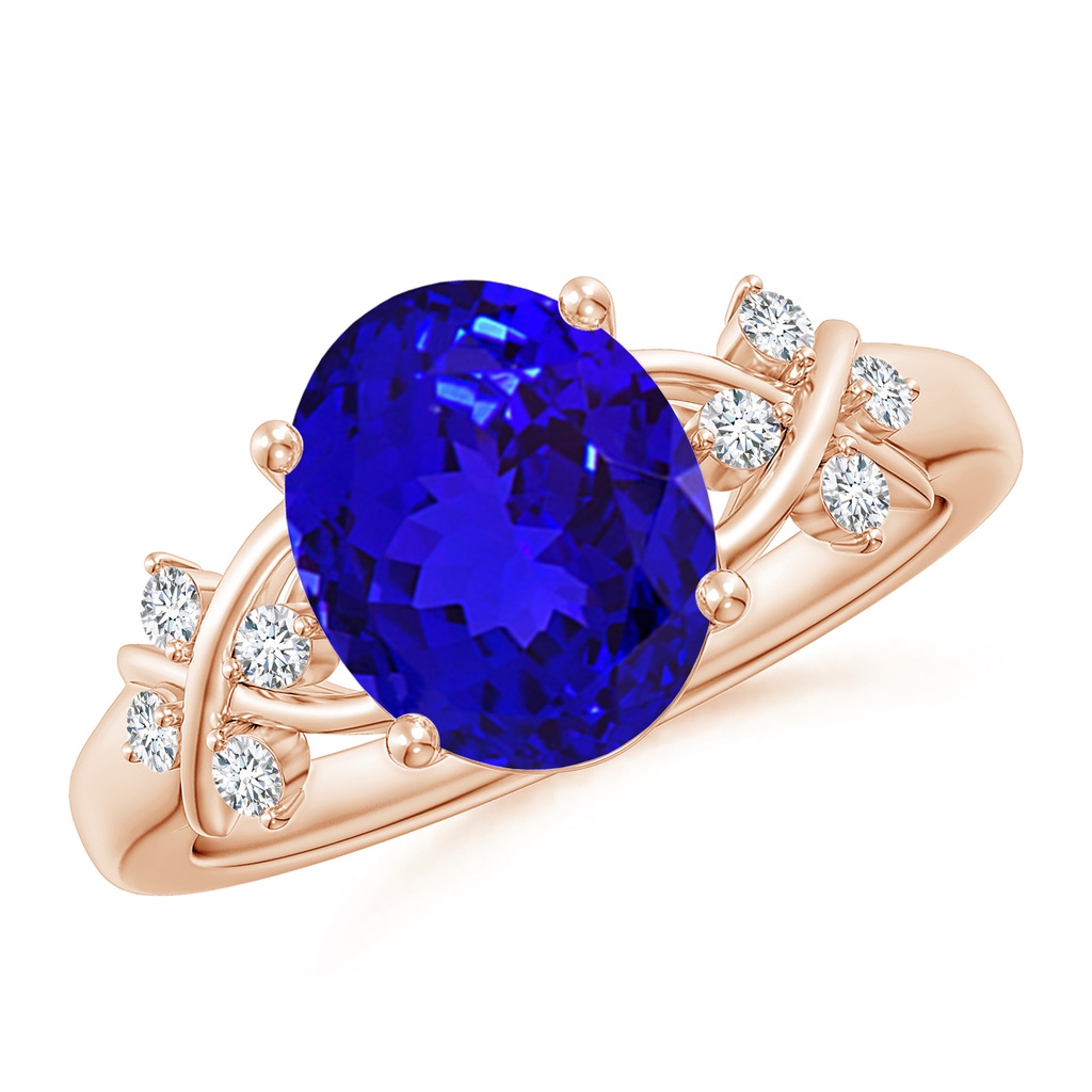 10x8mm AAAA Solitaire Oval Tanzanite Criss Cross Ring with Diamonds in Rose Gold