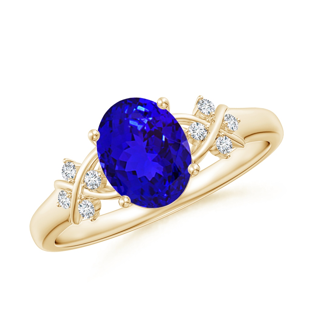 8x6mm AAAA Solitaire Oval Tanzanite Criss Cross Ring with Diamonds in Yellow Gold
