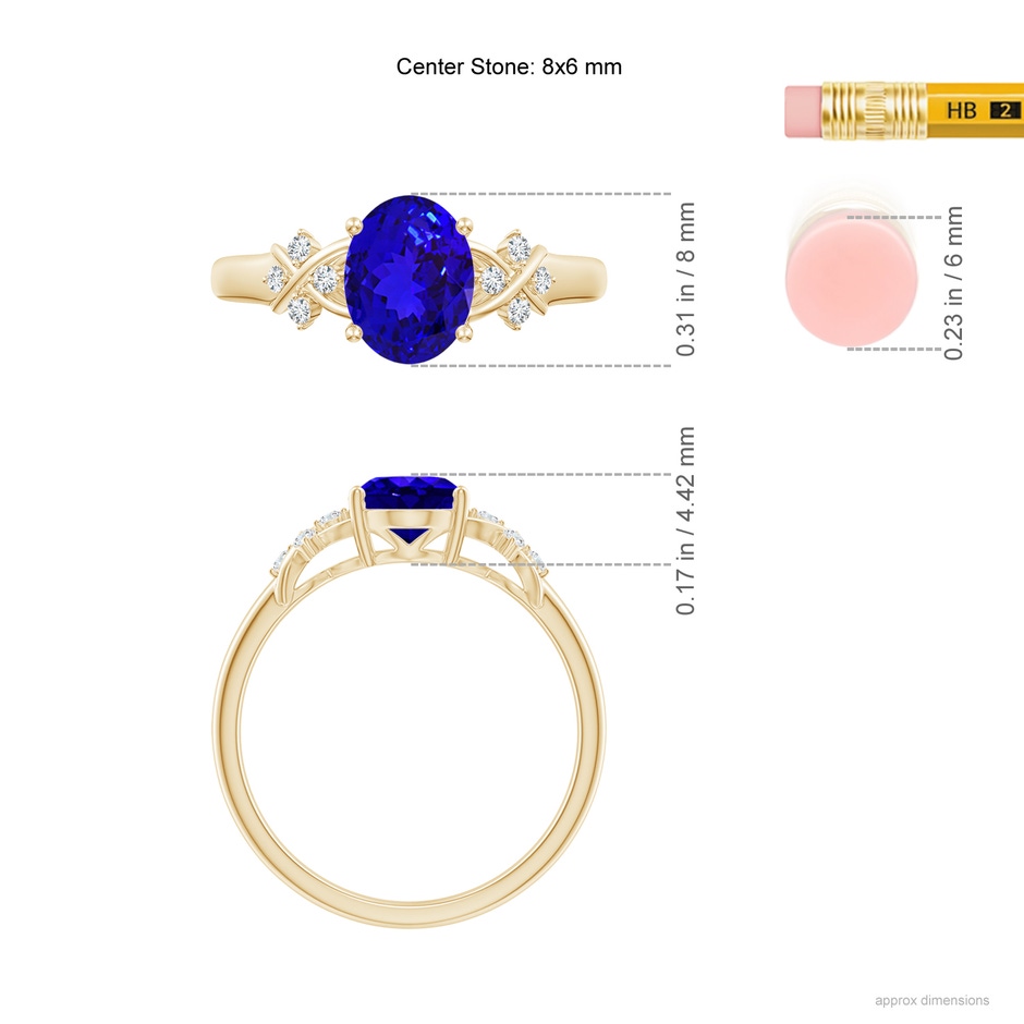 8x6mm AAAA Solitaire Oval Tanzanite Criss Cross Ring with Diamonds in Yellow Gold ruler