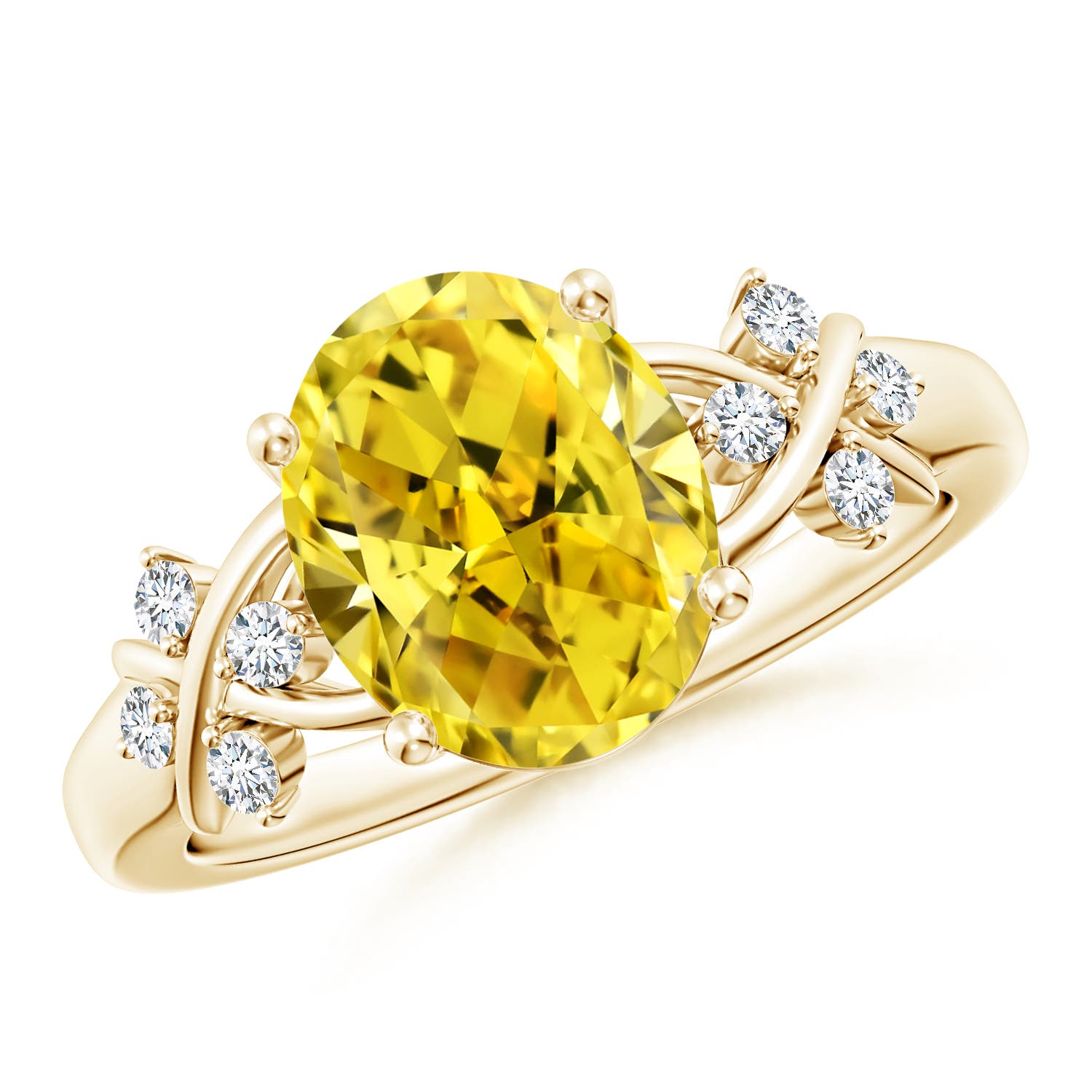 Angara 2.67 CTW Solitaire Oval Fancy Intense Yellow Diamond Criss Cross Engagement Ring in 18K Yellow Gold