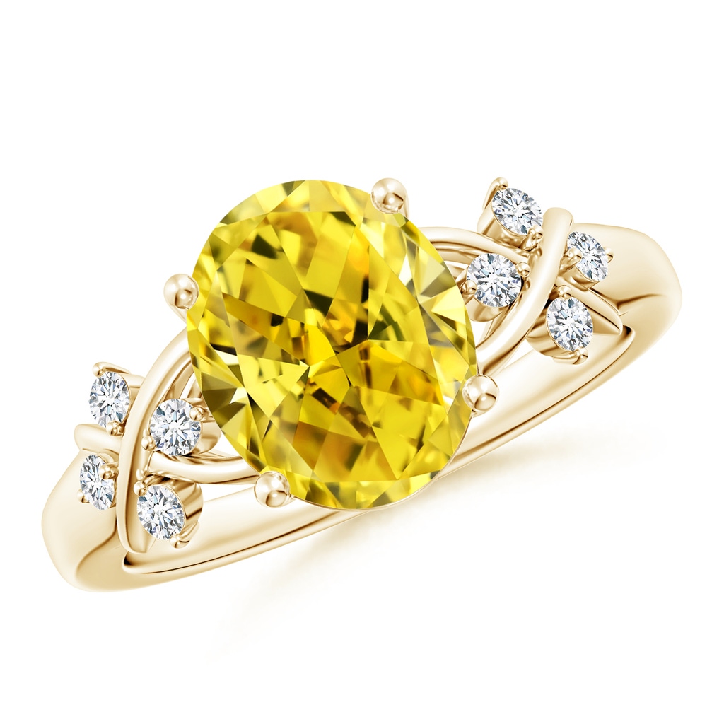 10x8mm AAAA Solitaire Oval Fancy Intense Yellow Diamond Criss Cross Ring in Yellow Gold