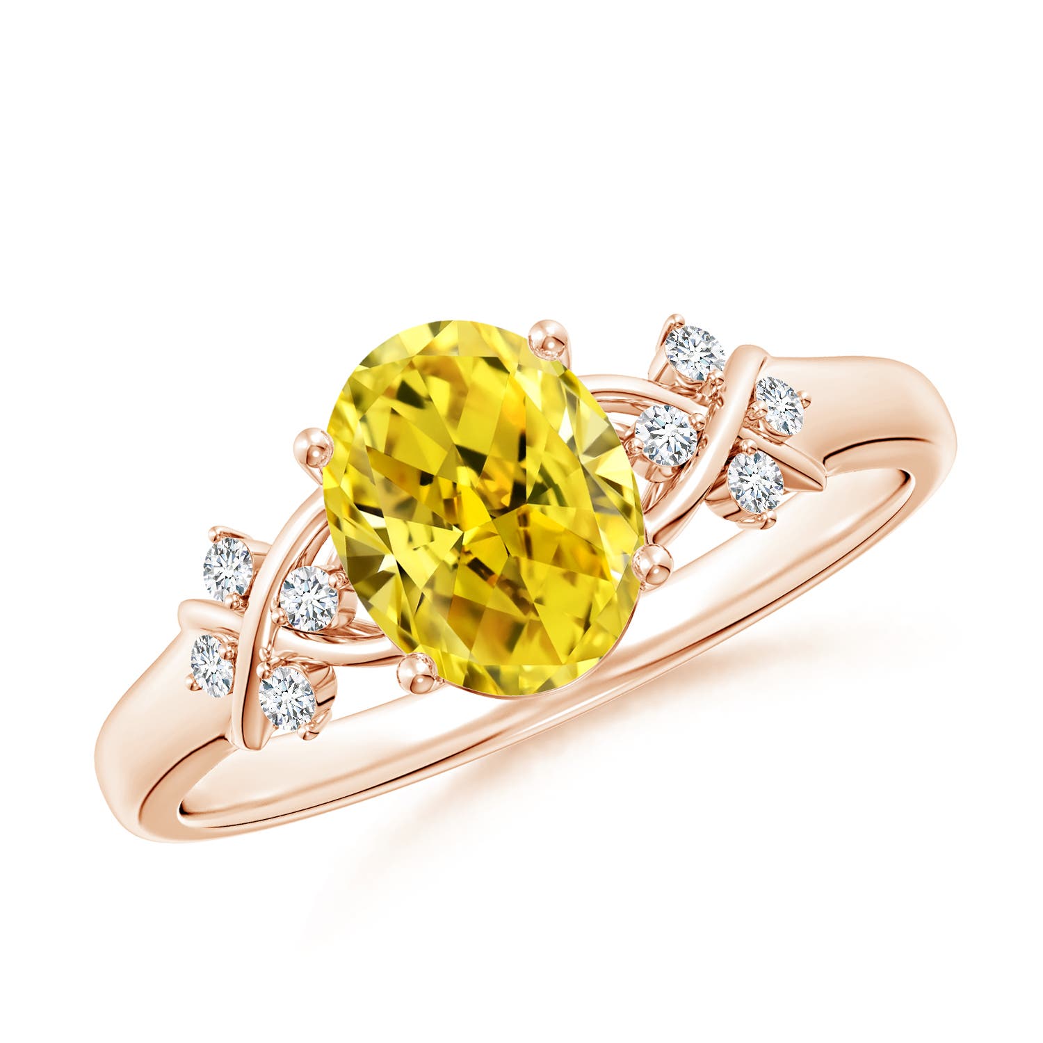 Angara 1.23 CTW Solitaire Oval Fancy Intense Yellow Diamond Criss Cross Engagement Ring in 18K Rose Gold