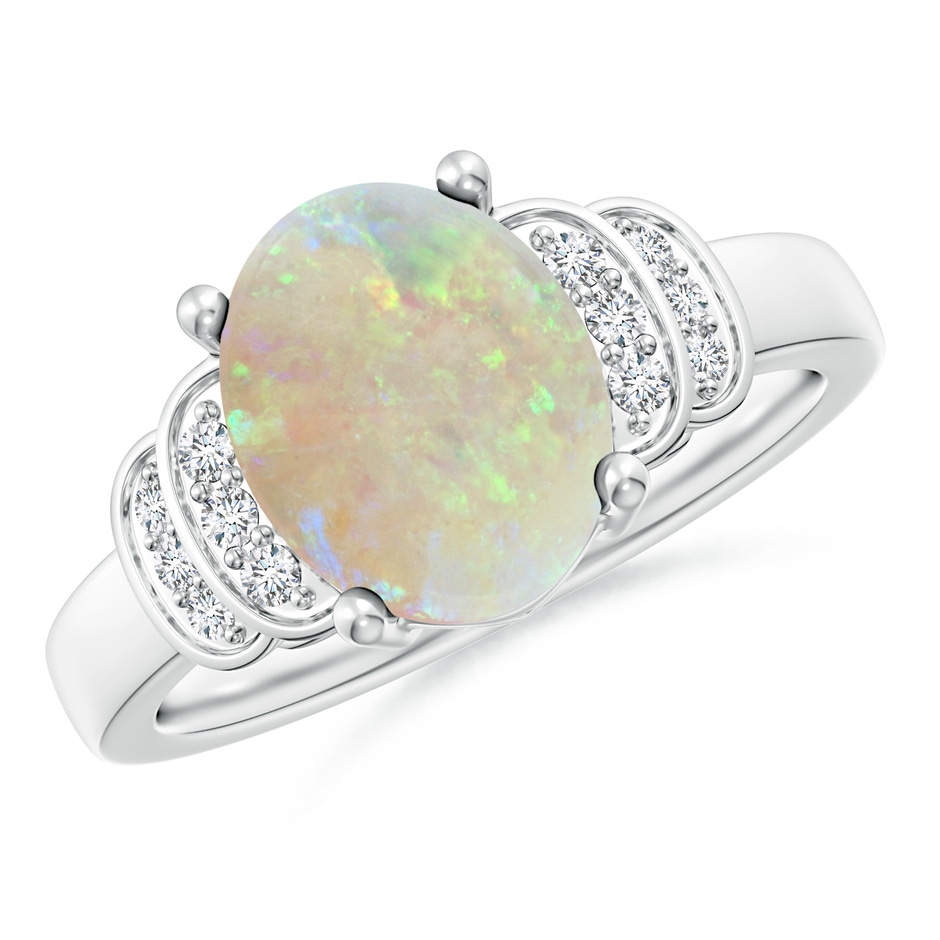 10x8mm AAA Solitaire Oval Opal and Diamond Collar Ring in White Gold 