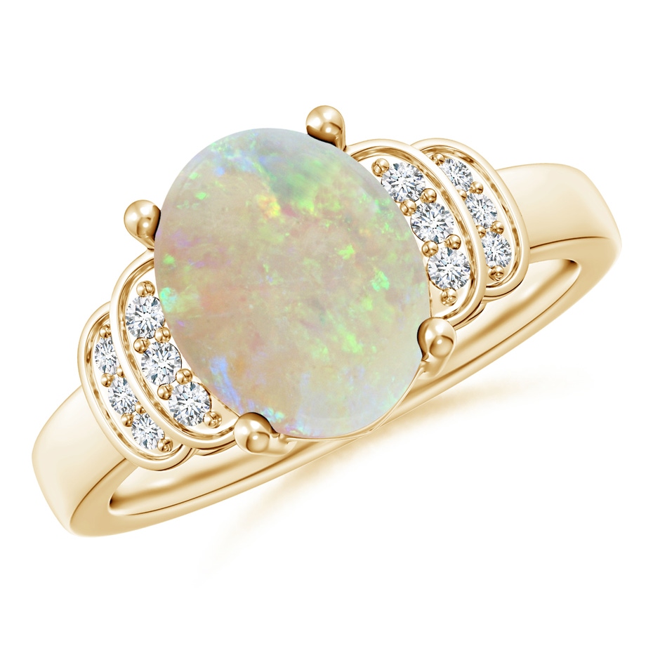 10x8mm AAA Solitaire Oval Opal and Diamond Collar Ring in Yellow Gold 