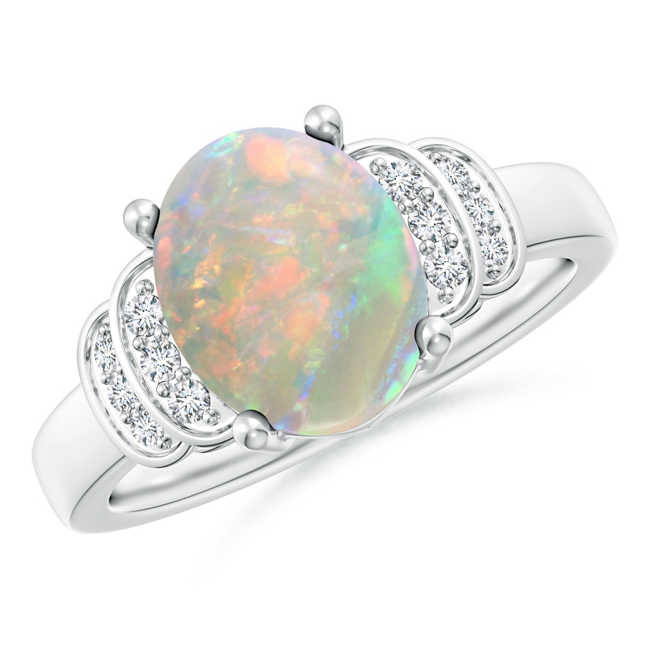 10x8mm AAAA Solitaire Oval Opal and Diamond Collar Ring in White Gold 