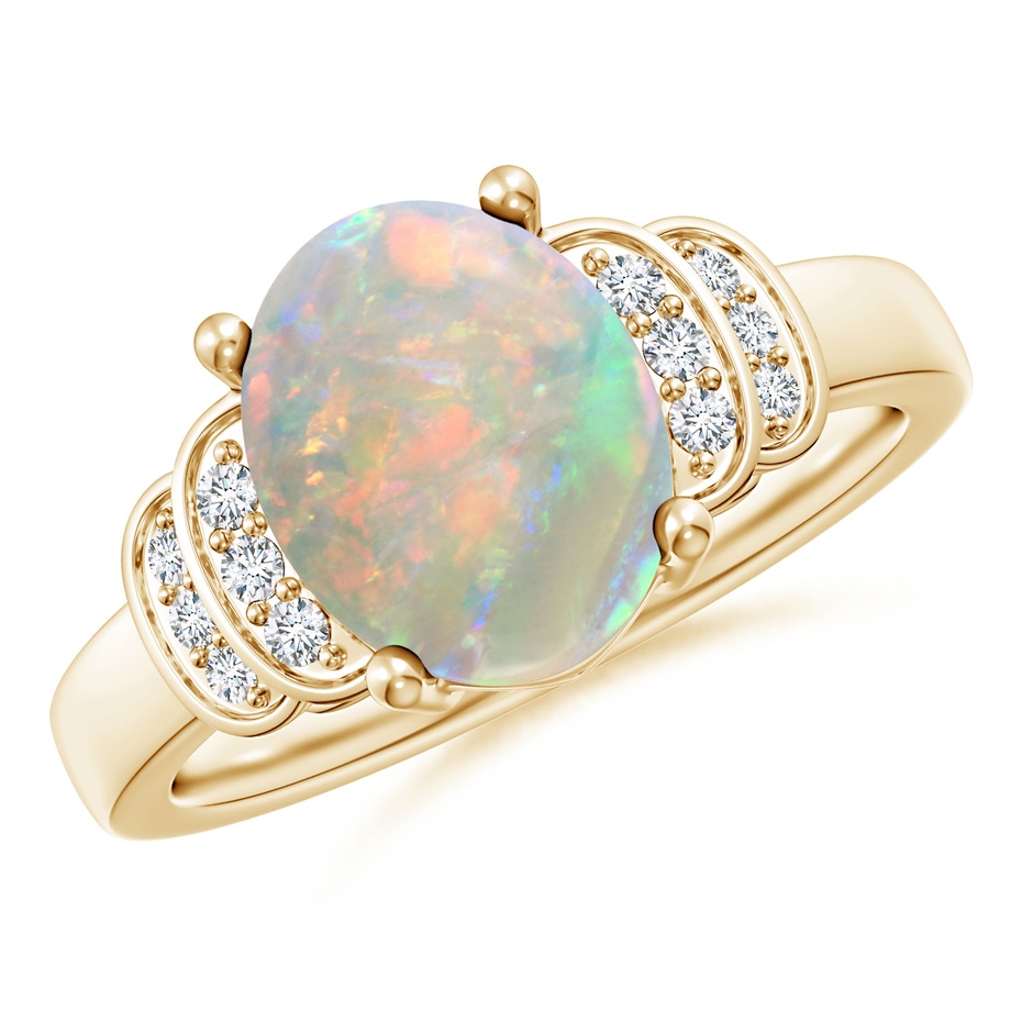 10x8mm AAAA Solitaire Oval Opal and Diamond Collar Ring in Yellow Gold 