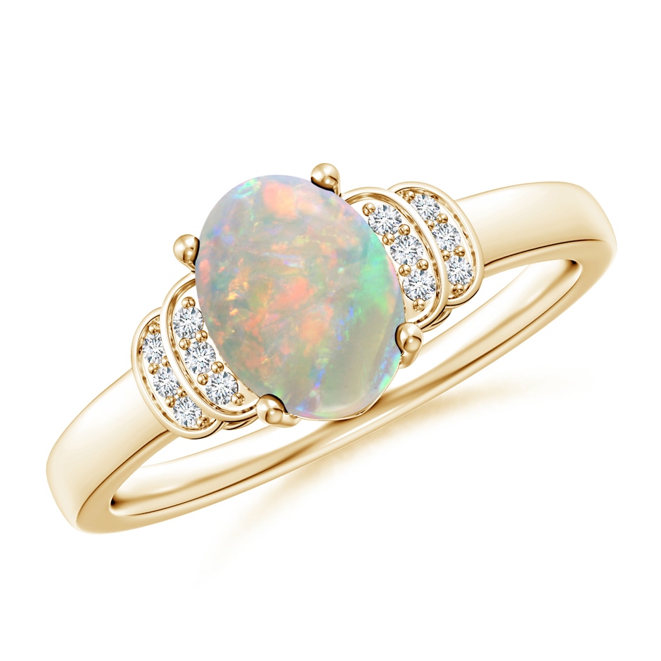 8x6mm AAAA Solitaire Oval Opal and Diamond Collar Ring in Yellow Gold 