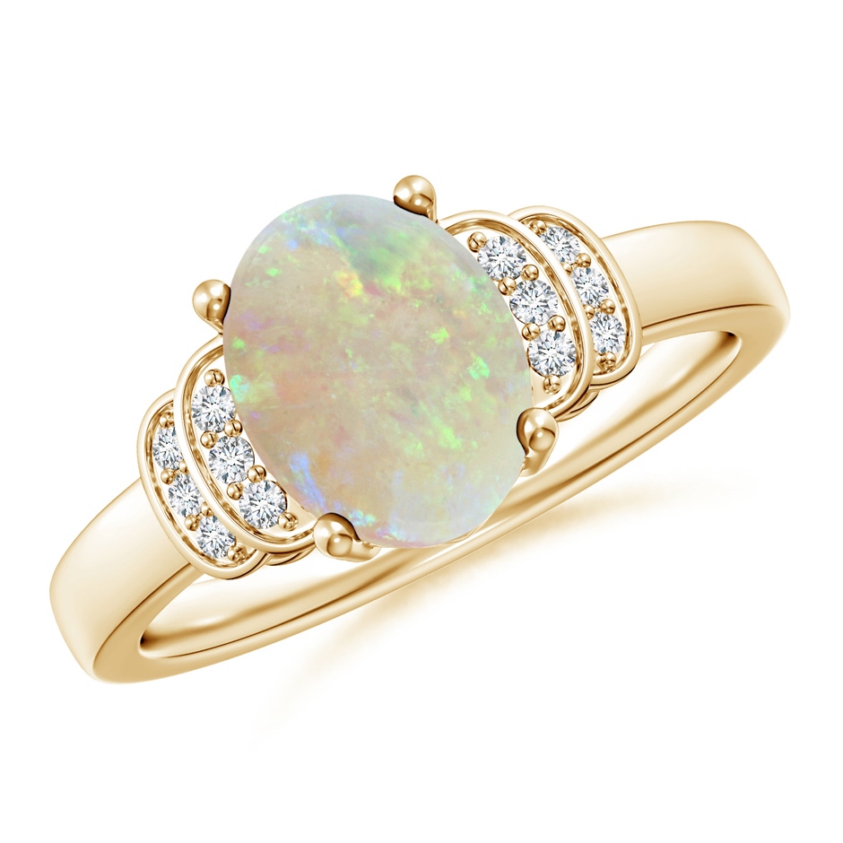 9x7mm AAA Solitaire Oval Opal and Diamond Collar Ring in Yellow Gold 
