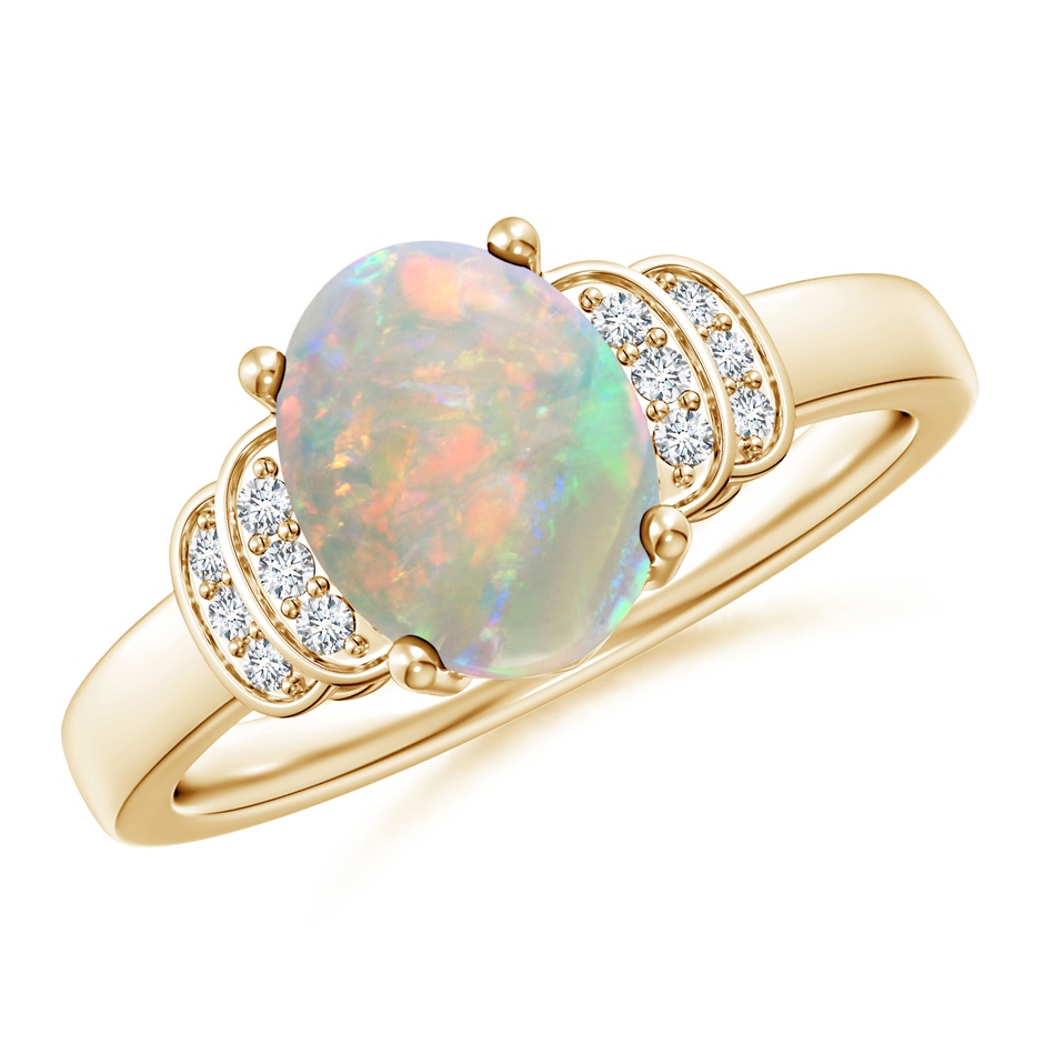 9x7mm AAAA Solitaire Oval Opal and Diamond Collar Ring in Yellow Gold 