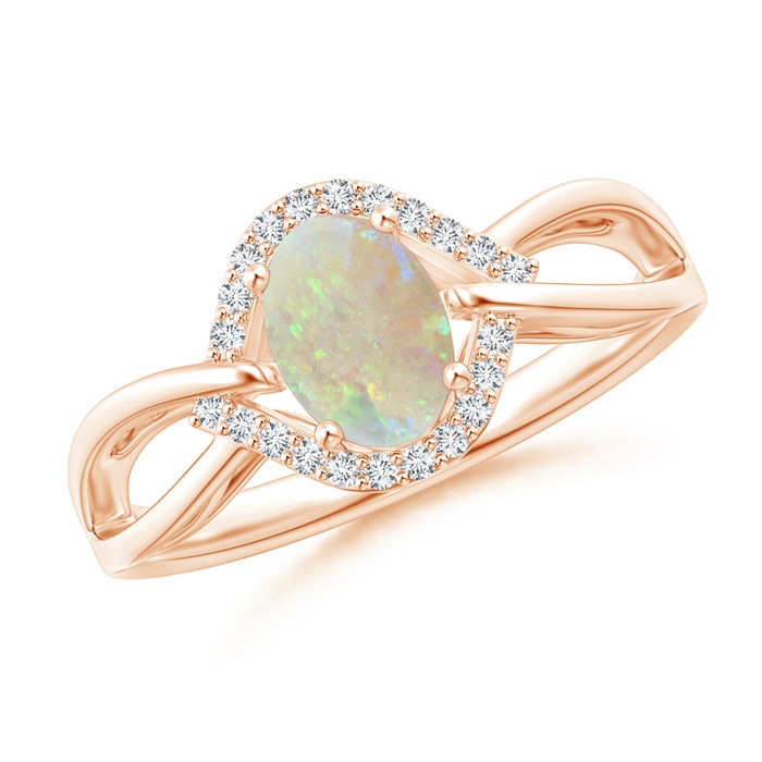 7x5mm AAA Oval-Shaped Opal Entangled Split Shank Ring with Diamond Halo in Rose Gold 