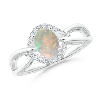 7x5mm AAAA Oval-Shaped Opal Entangled Split Shank Ring with Diamond Halo in 9K White Gold