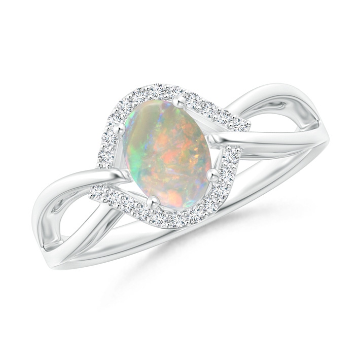 7x5mm AAAA Oval-Shaped Opal Entangled Split Shank Ring with Diamond Halo in P950 Platinum 