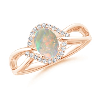 7x5mm AAAA Oval-Shaped Opal Entangled Split Shank Ring with Diamond Halo in Rose Gold