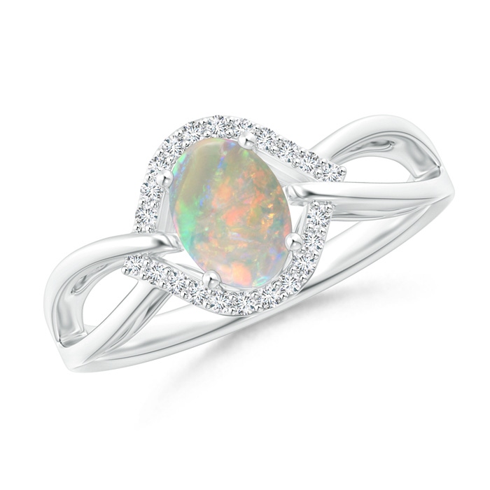 7x5mm AAAA Oval-Shaped Opal Entangled Split Shank Ring with Diamond Halo in White Gold