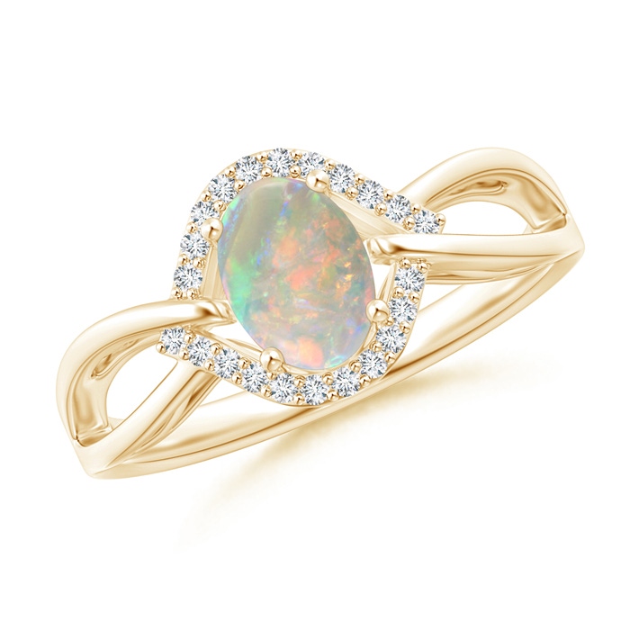 7x5mm AAAA Oval-Shaped Opal Entangled Split Shank Ring with Diamond Halo in Yellow Gold 