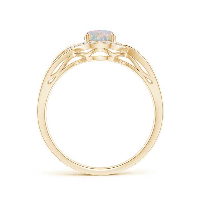 7x5mm AAAA Oval-Shaped Opal Entangled Split Shank Ring with Diamond Halo in Yellow Gold side-1