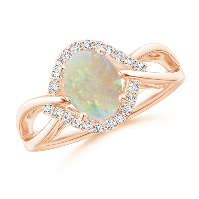 8x6mm AAA Oval-Shaped Opal Entangled Split Shank Ring with Diamond Halo in Rose Gold 