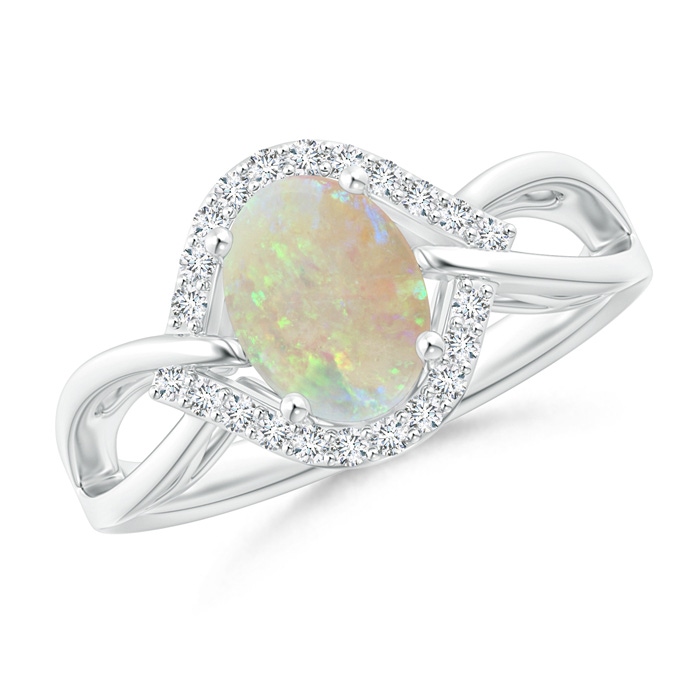 8x6mm AAA Oval-Shaped Opal Entangled Split Shank Ring with Diamond Halo in White Gold 