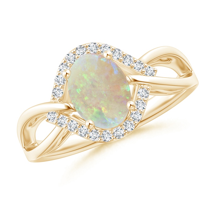 8x6mm AAA Oval-Shaped Opal Entangled Split Shank Ring with Diamond Halo in Yellow Gold 