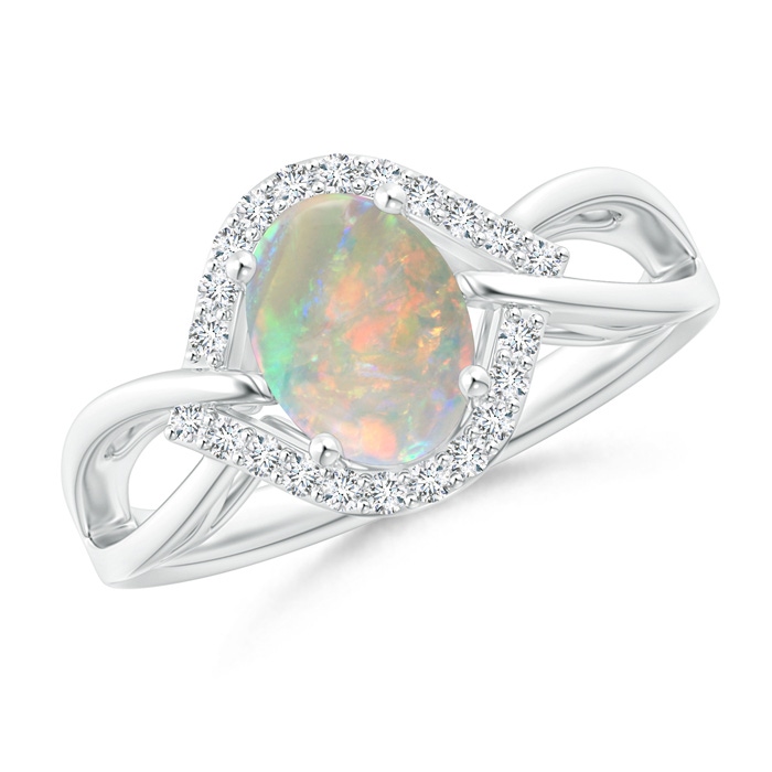 8x6mm AAAA Oval-Shaped Opal Entangled Split Shank Ring with Diamond Halo in P950 Platinum 