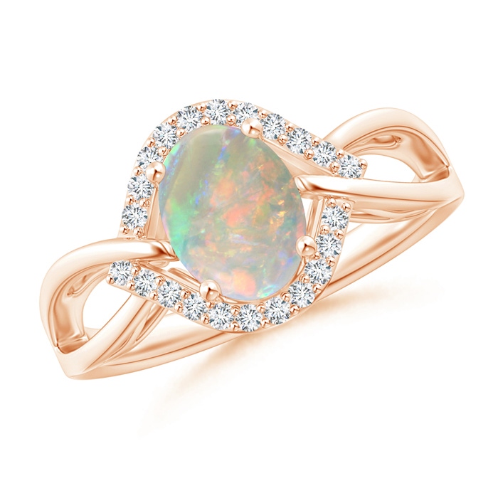 8x6mm AAAA Oval-Shaped Opal Entangled Split Shank Ring with Diamond Halo in Rose Gold